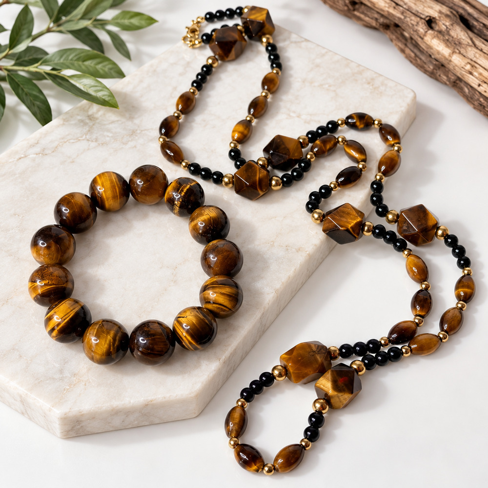 Natural Tiger's Eye Necklace Bracelet Set Faceted Beads Brown Black Gold 36"